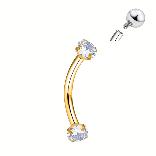 G23 Titanium 18K Gold PVD 16G Double CZ Eyebrow Ring Curved Barbell