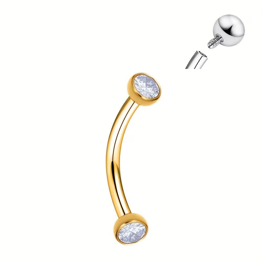 G23 Titanium 18K Gold PVD 16G Double CZ Eyebrow Ring Curved Barbell