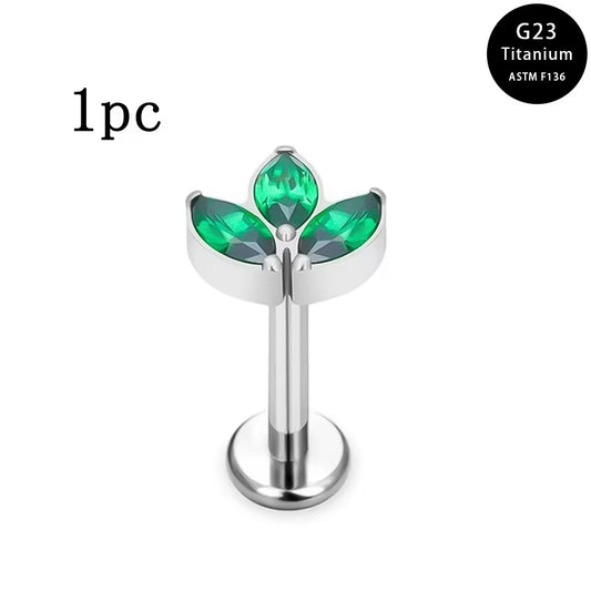 G23 Titanium 16G Internally Threaded Marquise Leaf Cluster Flat Back Stud