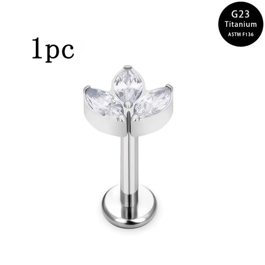G23 Titanium 16G Internally Threaded Marquise Leaf Cluster Flat Back Stud