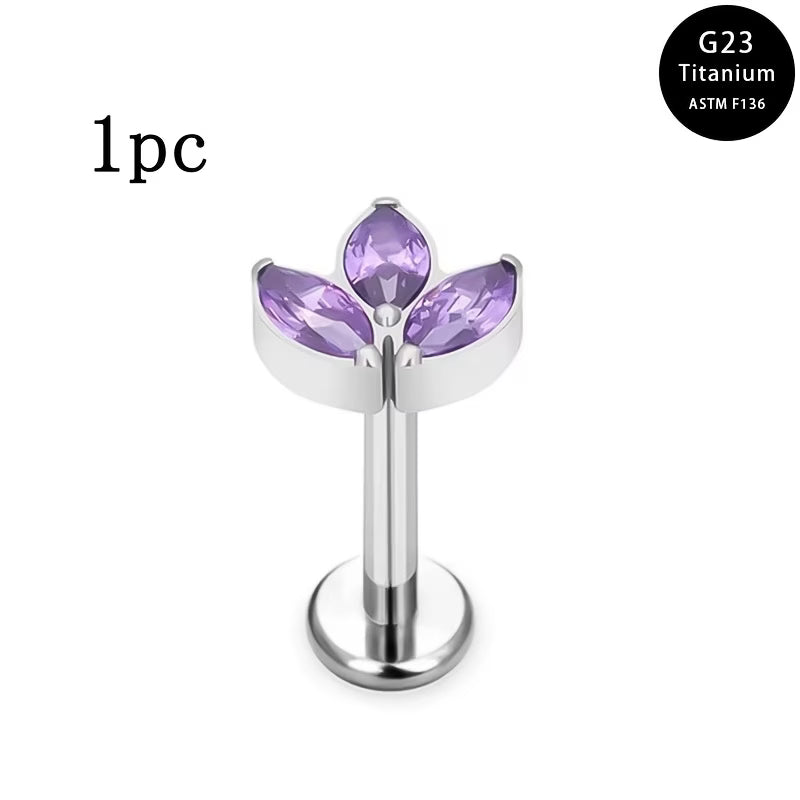 G23 Titanium 16G Internally Threaded Marquise Leaf Cluster Flat Back Stud