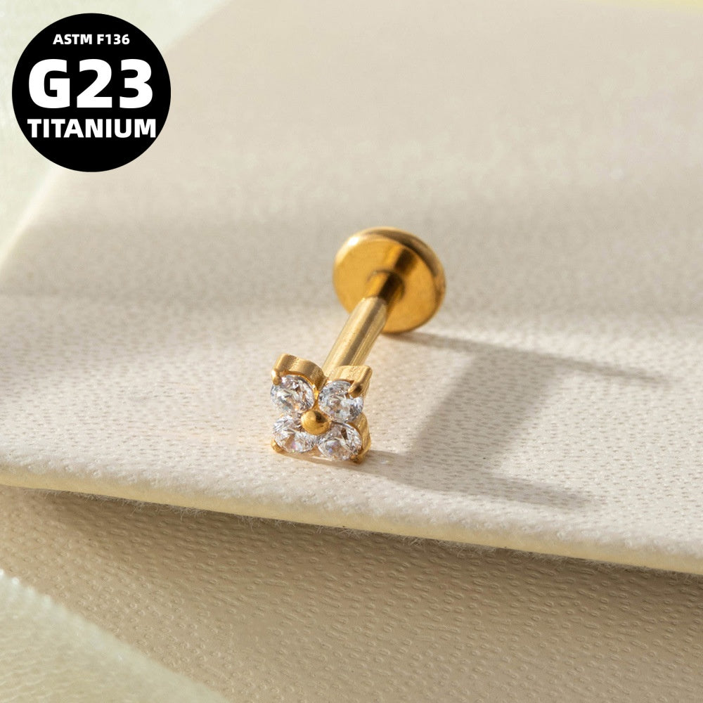 G23 Titanium 18K Gold PVD 16G Internally Threaded CZ Four Petal Flower Flat Back Stud