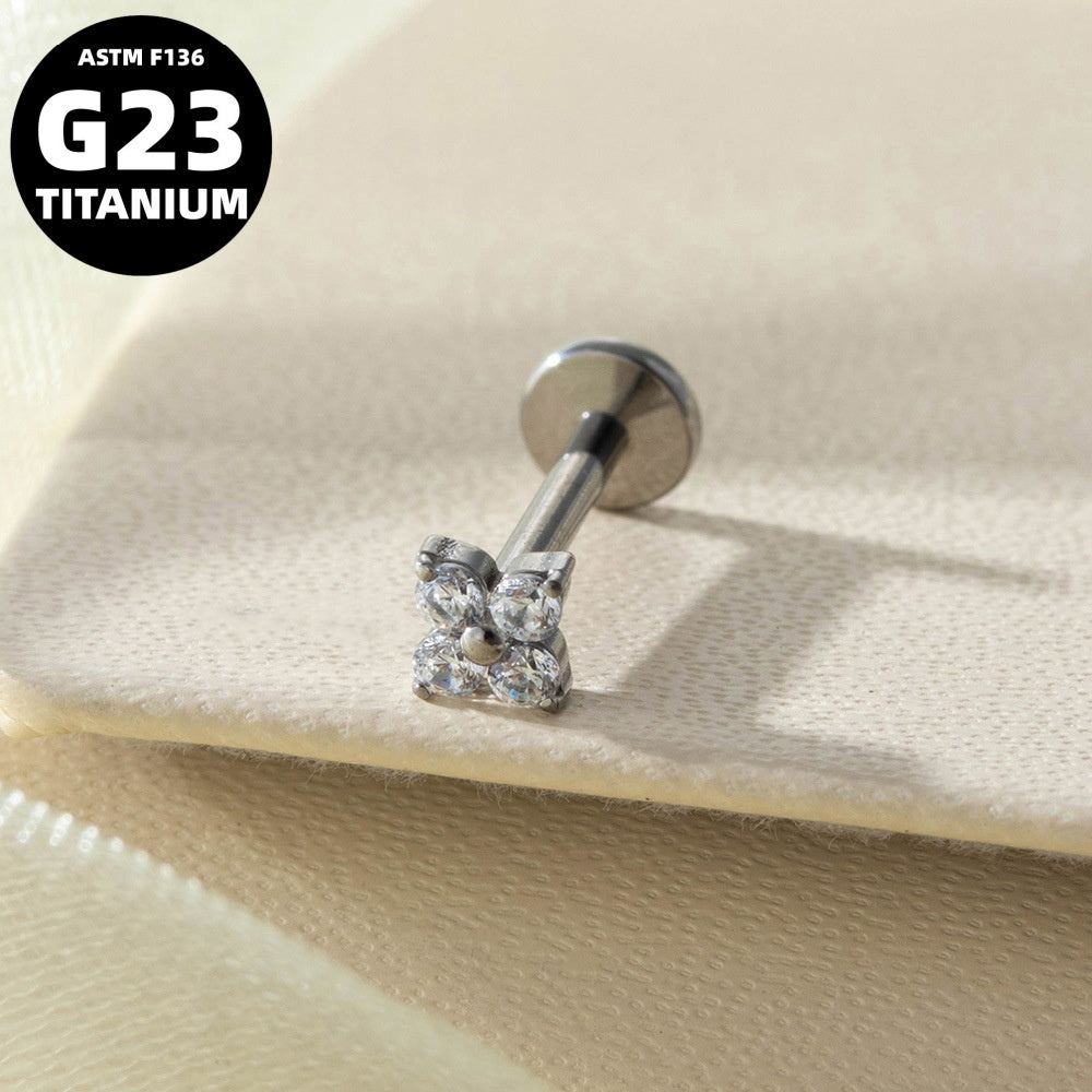 G23 Titanium 18K Gold PVD 16G Internally Threaded CZ Four Petal Flower Flat Back Stud