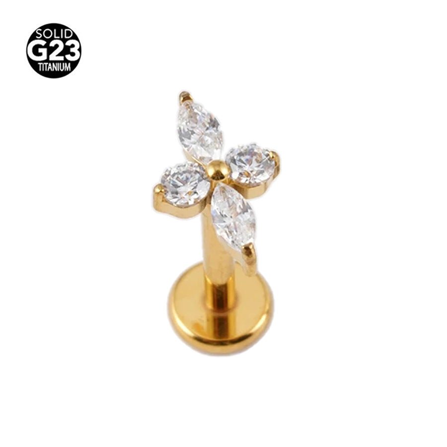G23 Titanium 16G Internally Threaded Minimalist Mixed Cut CZ Flower Gold PVD Flat Back Stud