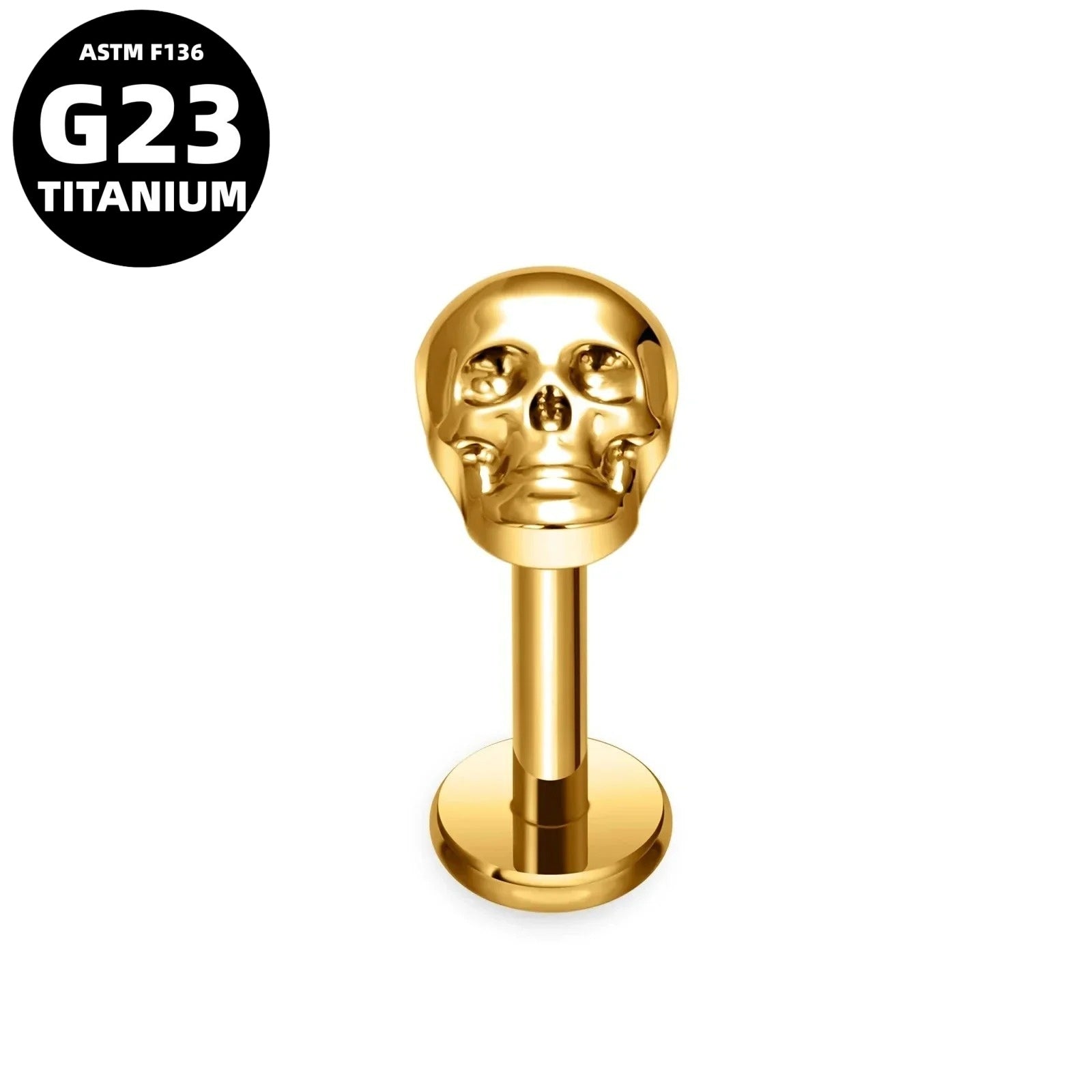 G23 Titanium 16G Internally Threaded Skull Gold PVD Flat Back Stud