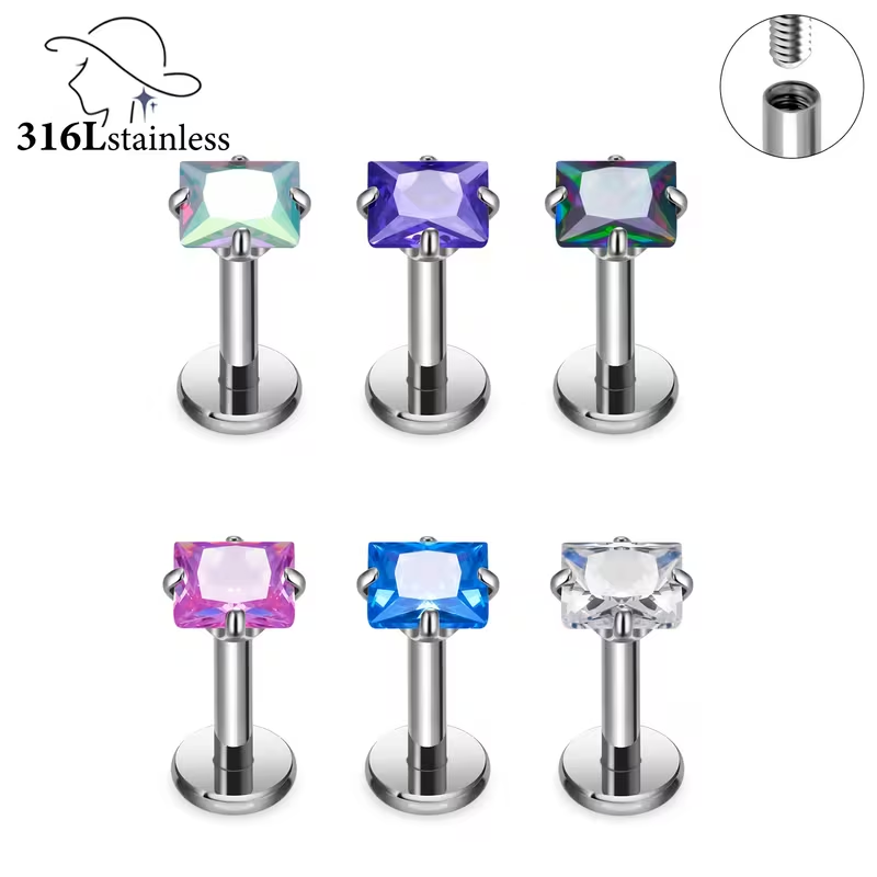 316L Stainless Steel 16G Internally Threaded Dainty Multi Shape CZ Flat Back Stud