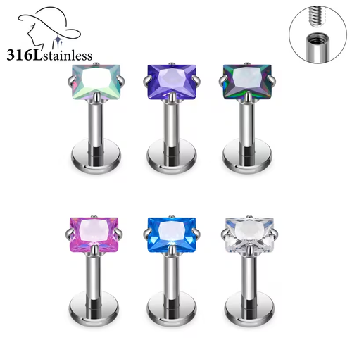 316L Stainless Steel 16G Internally Threaded Dainty Multi Shape CZ Flat Back Stud