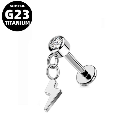 G23 Titanium 16G Internally Threaded CZ Lightning/Heart/Star/Moon Dangle Flat Back Stud