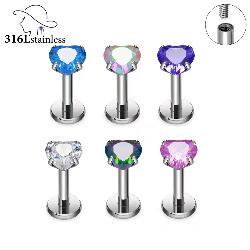 316L Stainless Steel 16G Internally Threaded Dainty Multi Shape CZ Flat Back Stud