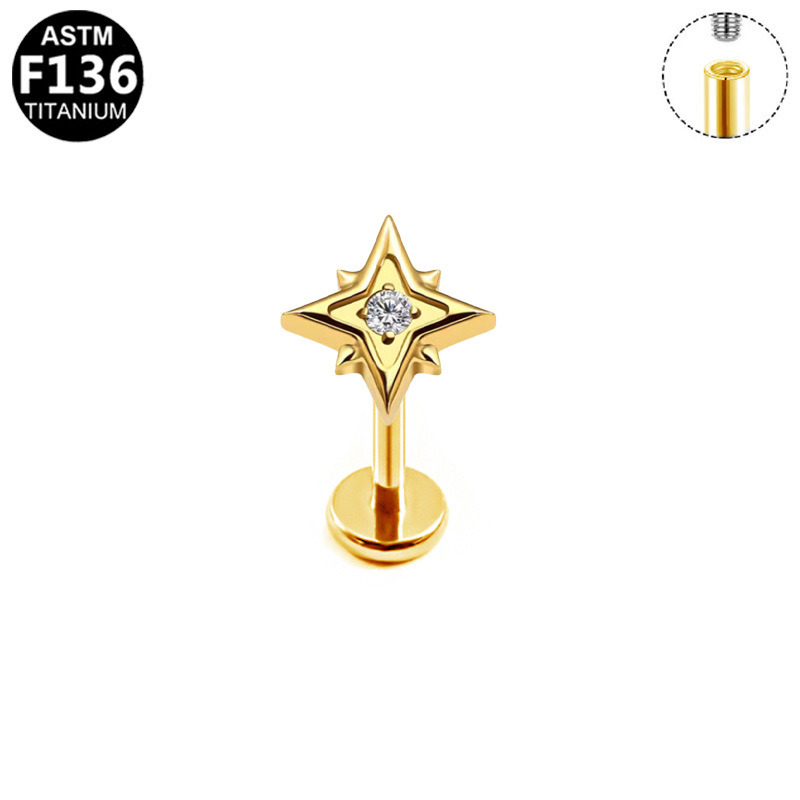 G23 Titanium 16G Internally Threaded CZ North Star Gold PVD Flat Back Stud