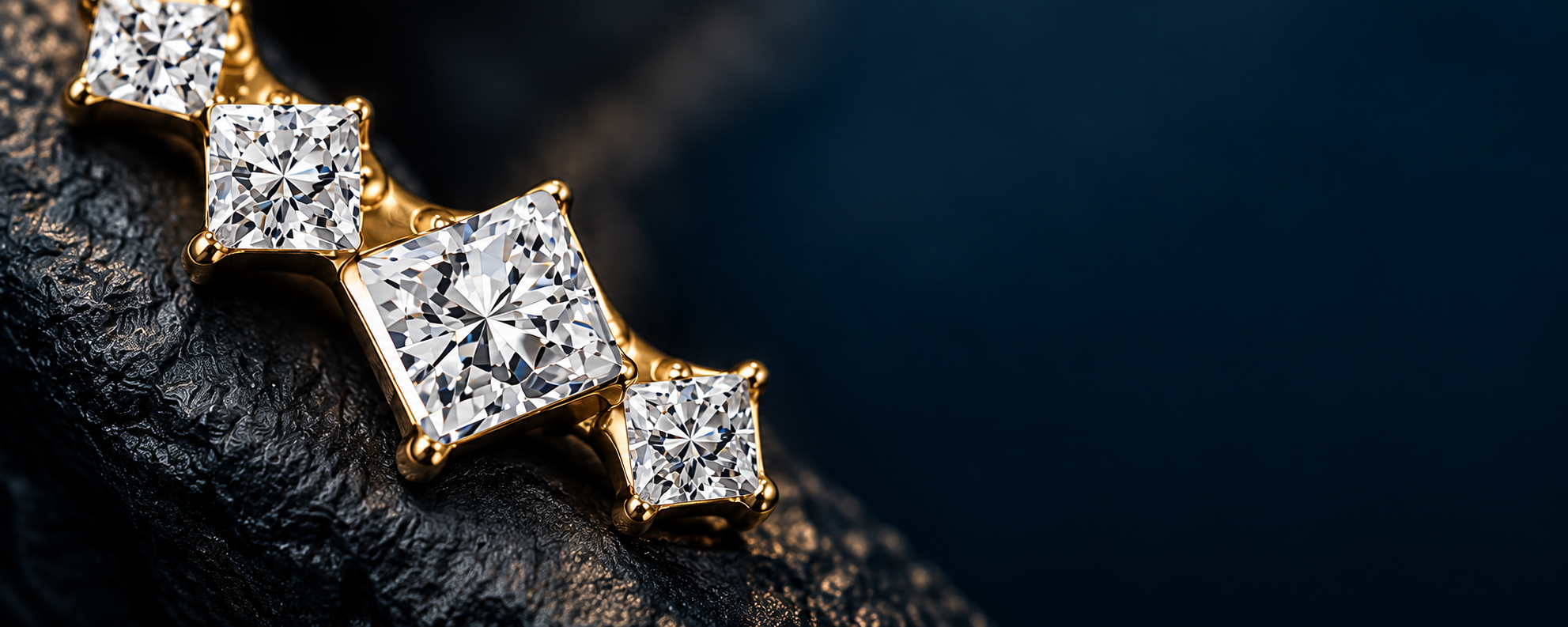 Close view of gold-tone setting and clear stones