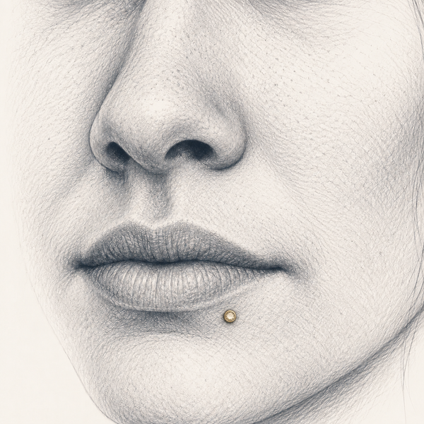 Anatomical pencil sketch showing a labret stud below the lower lip