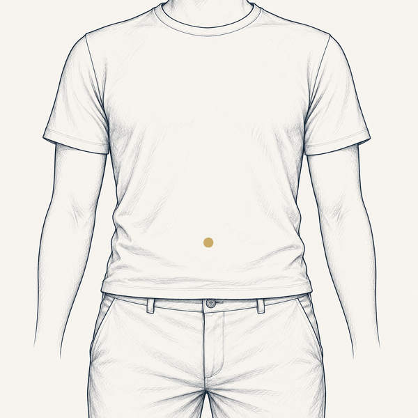 Pencil body-location diagram marking the navel area on a clothed adult torso