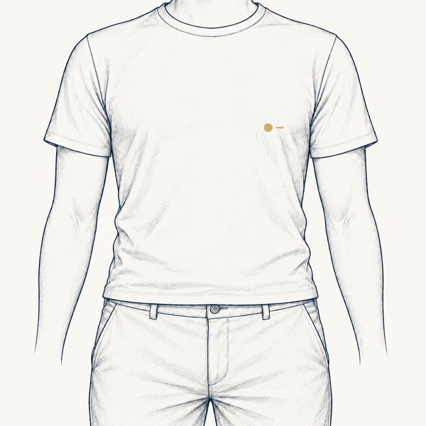 Pencil body-location diagram marking the nipple area on a clothed adult torso