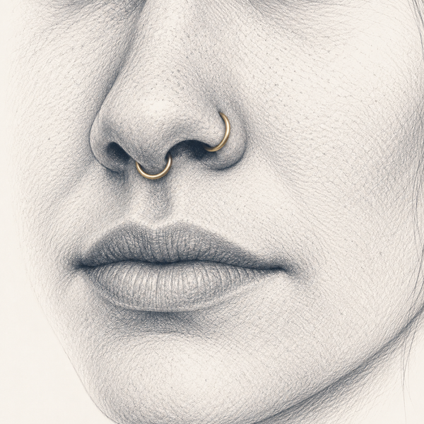 Anatomical pencil sketch showing separate nostril and septum jewelry positions