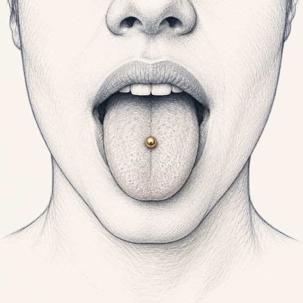 Anatomical pencil sketch showing a central tongue piercing